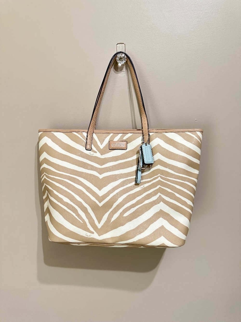 Coach Park Metro Beige and White Zebra Print Shoulder Tote Bag with Leather Trim